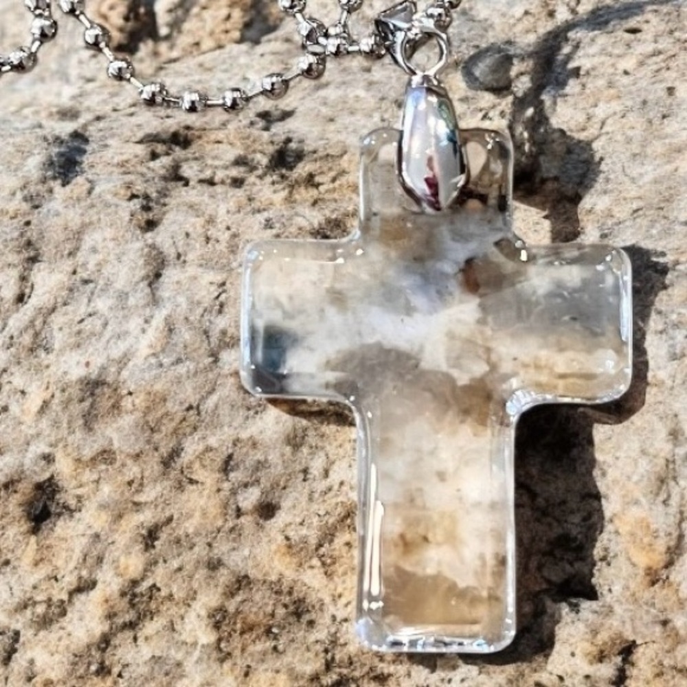 Crystal Clear Glass Cross Necklace with silver toned Beaded Chain 22” - Picture 12 of 17